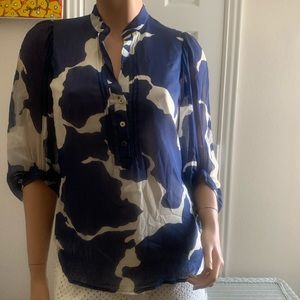 Diane Von Furstenberg Silk Blouse Sz0 Blue & Cream